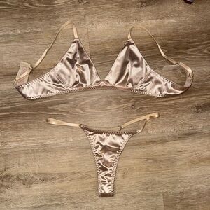 Satin Bralette and Thong Set - Cream gold
